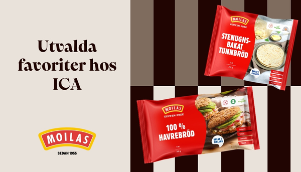 Utvalda favrotier hos ICA: Moilas Stenugnsbakat tunnbröd och 100% Havrebröd